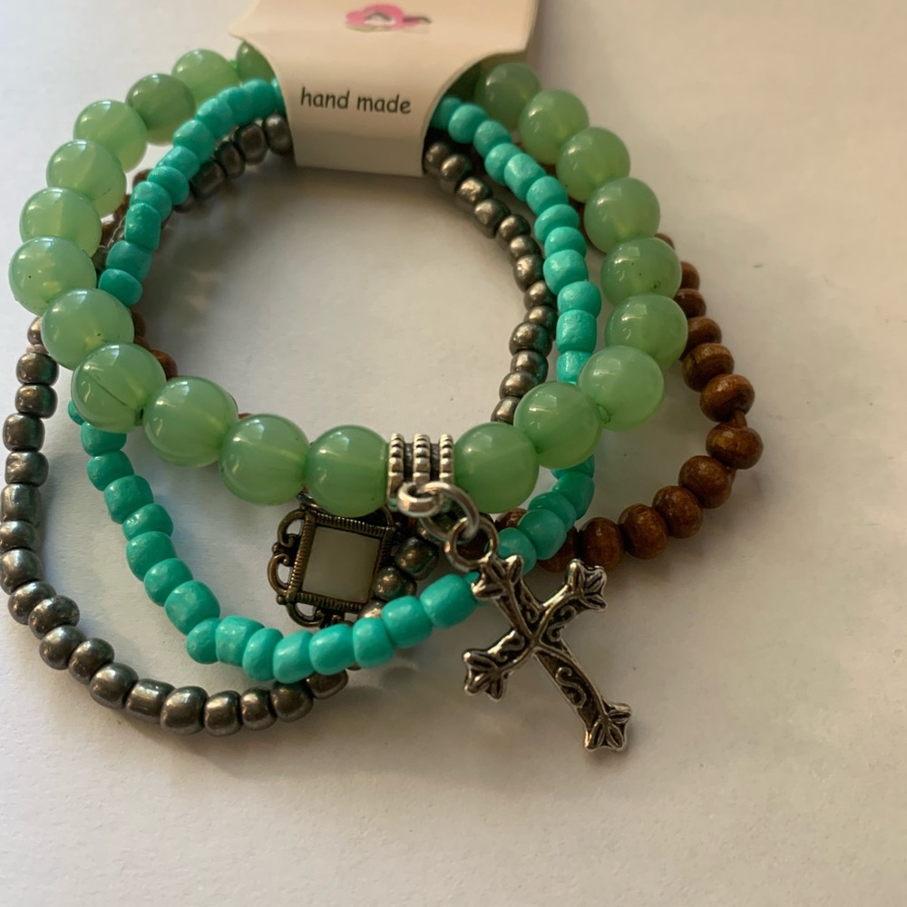 Green and Turquoise Beaded Bracelet Set with Cross Charm